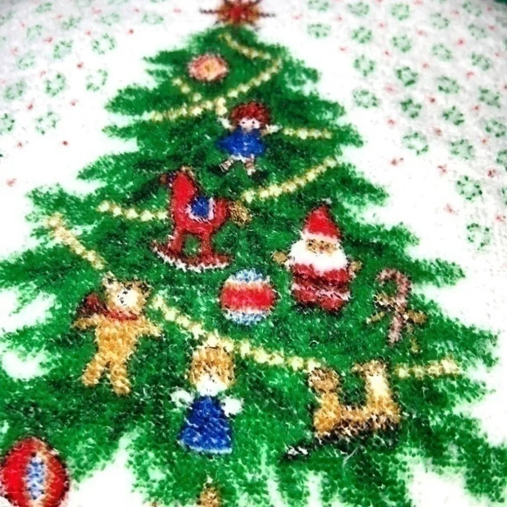 Vintage Terry Cloth Christmas Tree Throw Pillow with Fringe